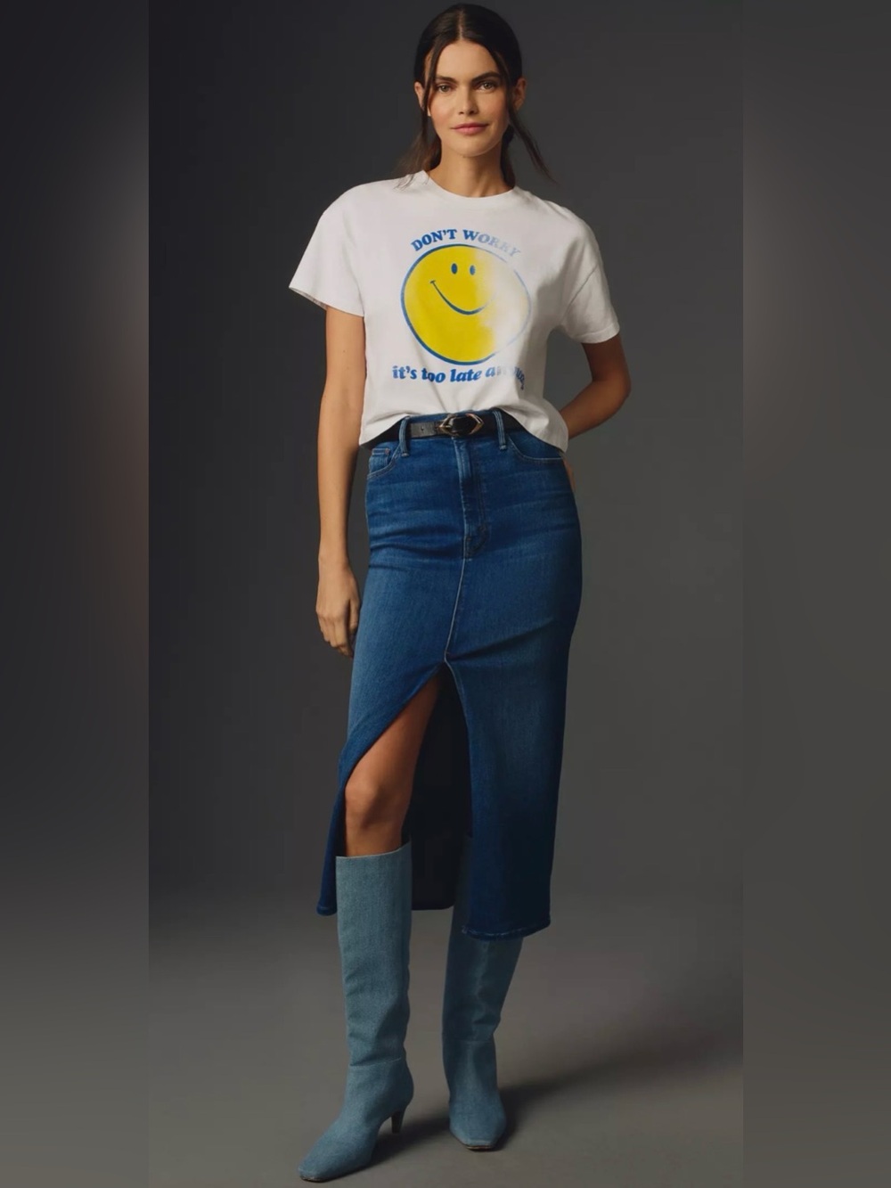 MOTHER The Reverse Pencil Pusher Denim Midi Skirt Hue Are You? Size 24